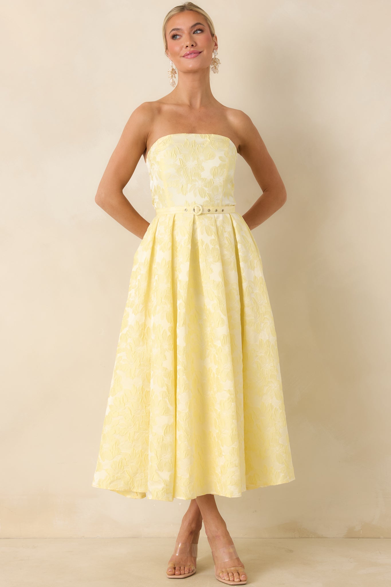 Radiating Joy Yellow Floral Jacquard Strapless Midi Dress