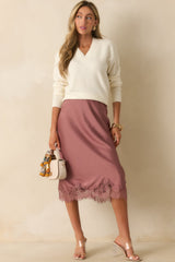 Just Call Me Later Rose Pink Satin Lace Trim Midi Skirt