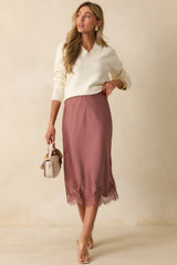 Just Call Me Later Rose Pink Satin Lace Trim Midi Skirt