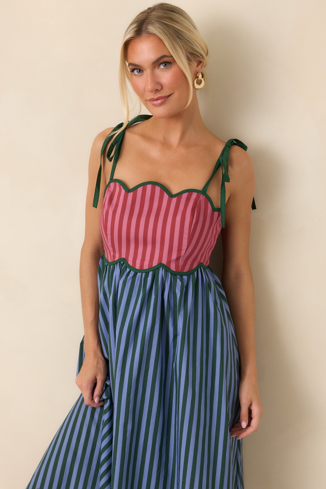 Wrong Place, Right Time Blue & Burgundy Stripe Cotton Midi Dress