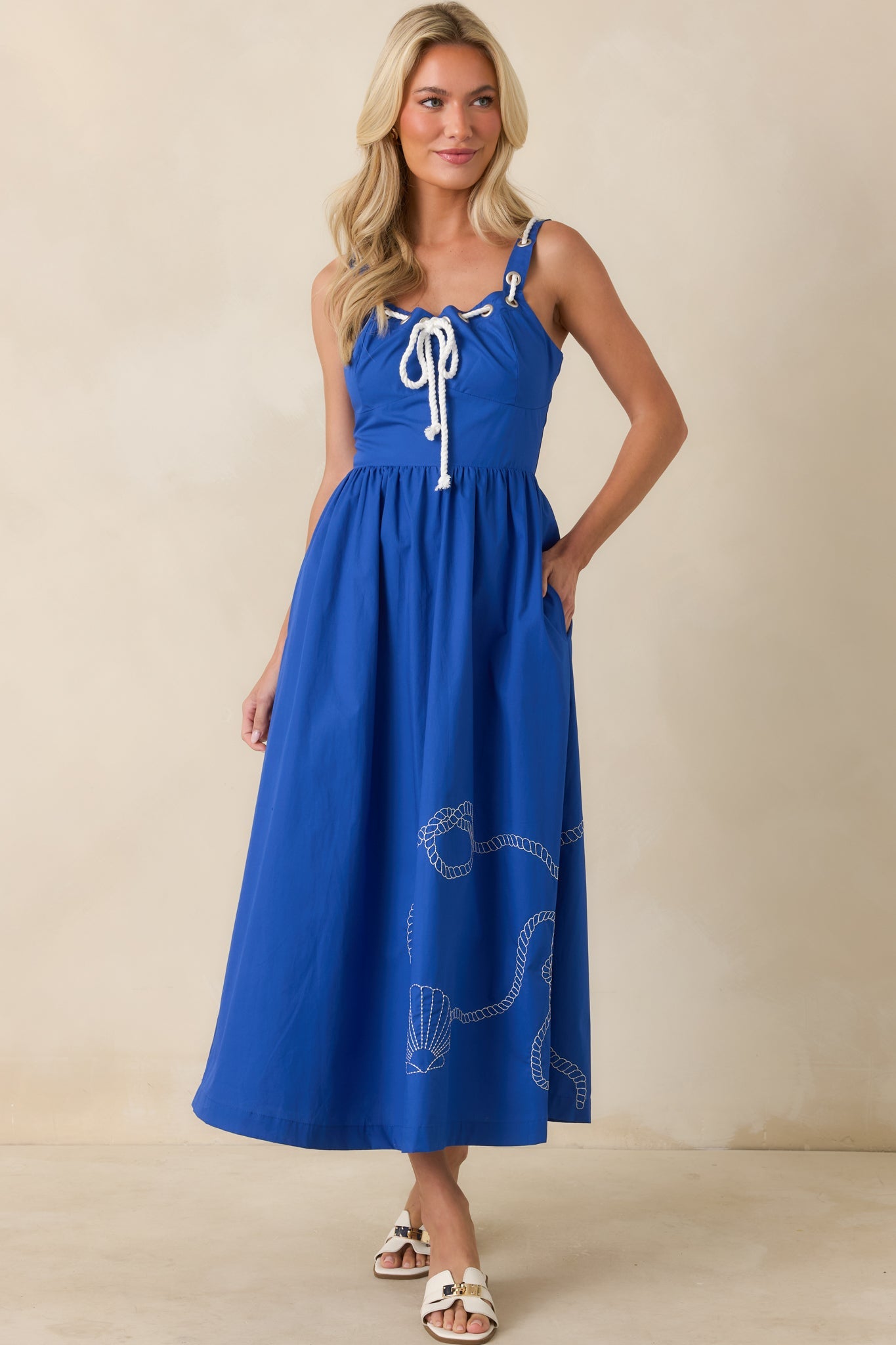 Knot Too Far Royal Blue Cotton Embroidered Midi Dress