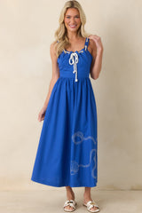 Knot Too Far Royal Blue Cotton Embroidered Midi Dress