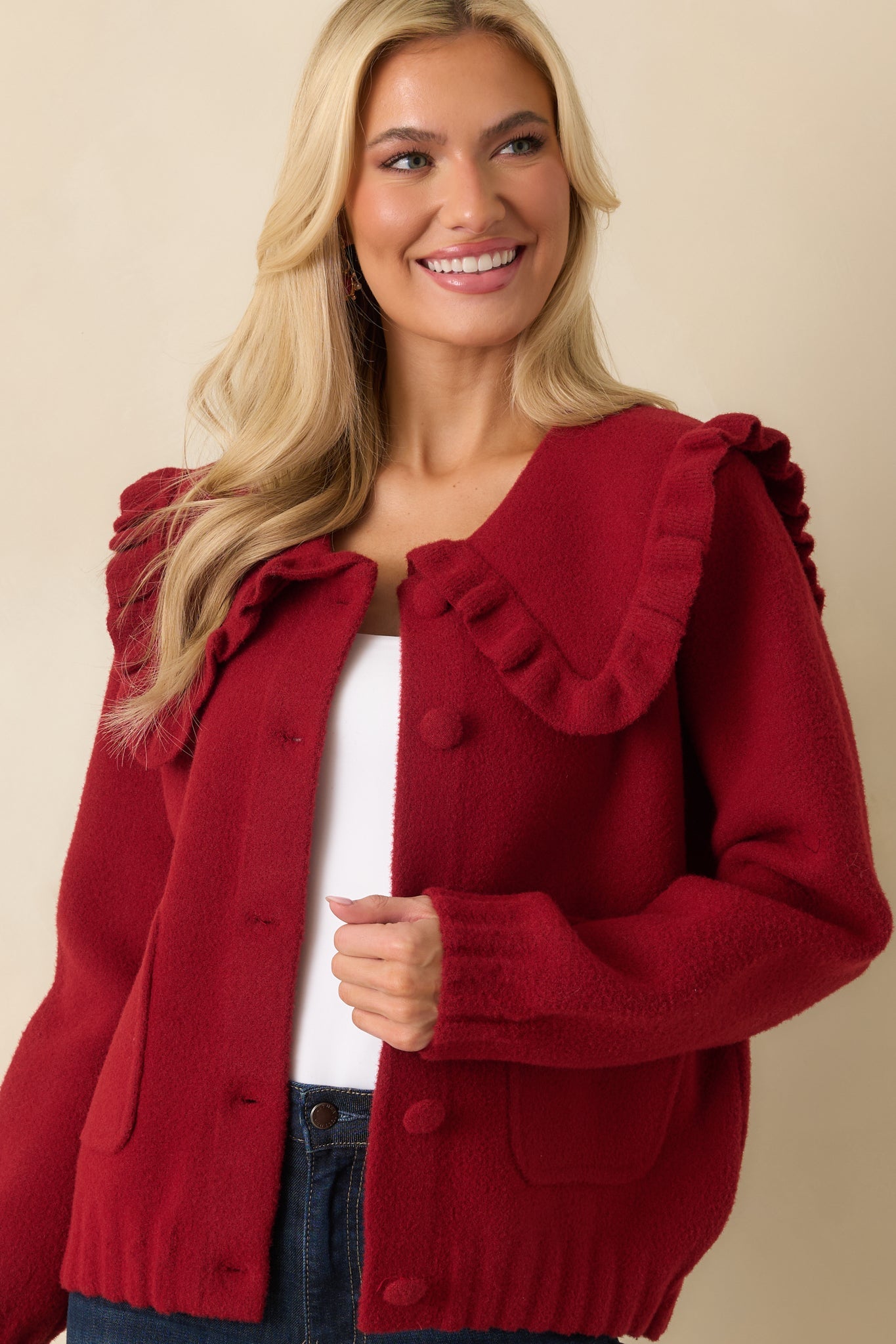 Frilled To Announce Cranberry Red Oversize Ruffle Collar Cardigan Sweater