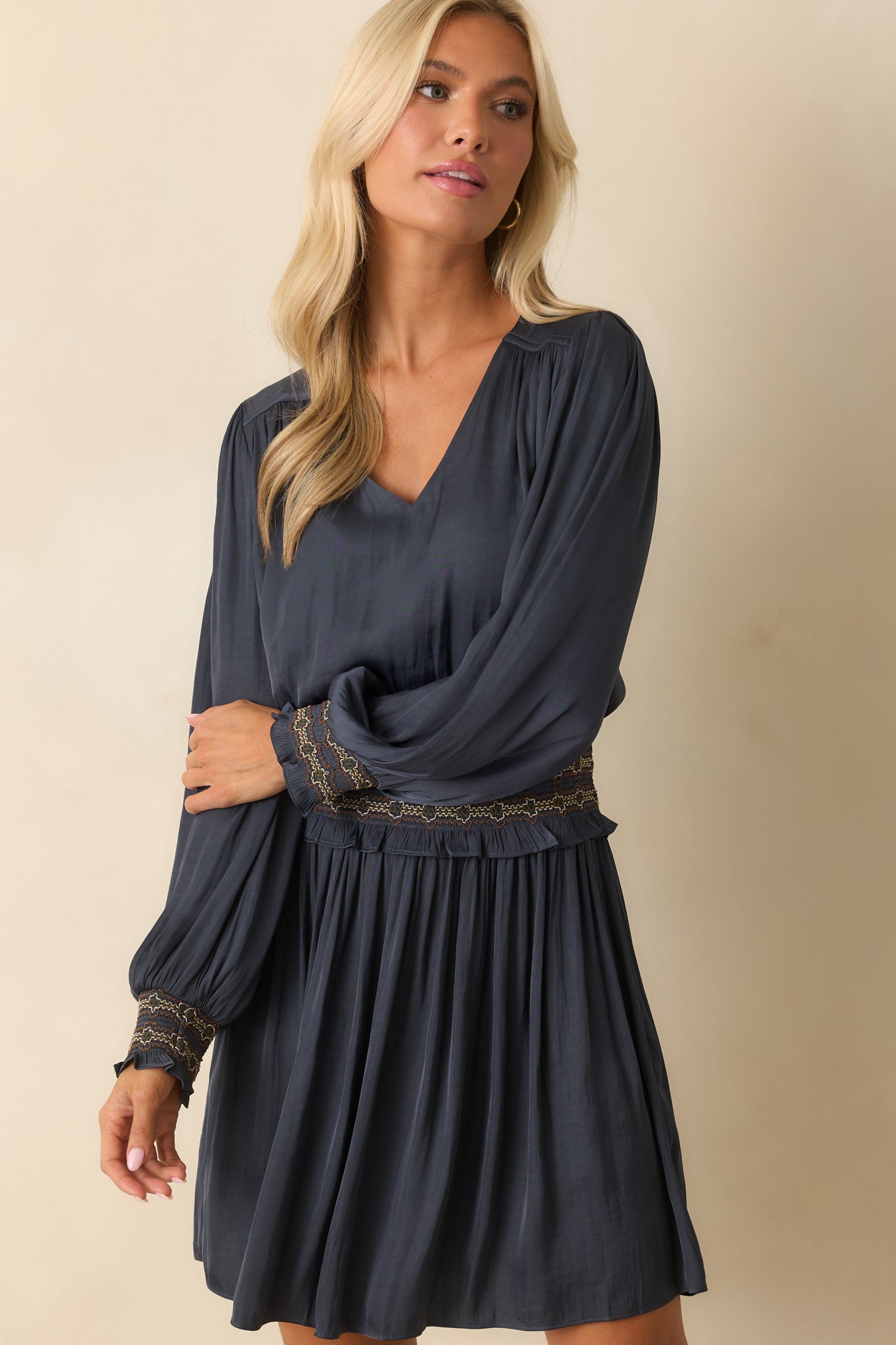 On Better Terms Navy Satin Long Sleeve Smocked Waist Mini Dress