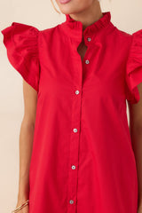 Exactly As Planned Red Cotton Ruffle Button Front Midi Dress