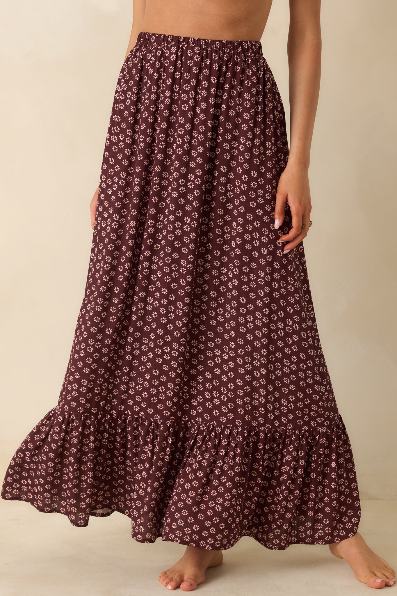 MINKPINK Sierra Burgundy Floral Ruffle Hem Maxi Skirt
