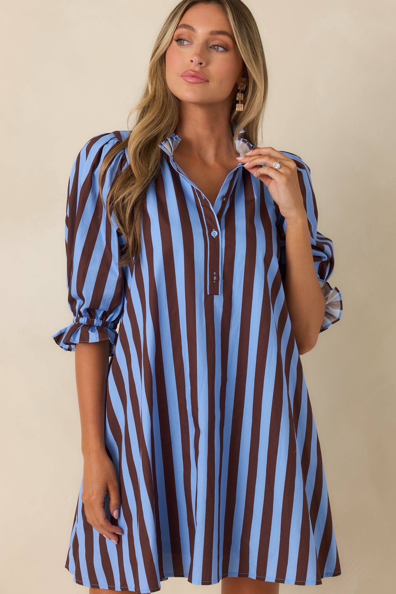Here's the Plan Blue & Brown Stripe Cotton Mini Shift Dress