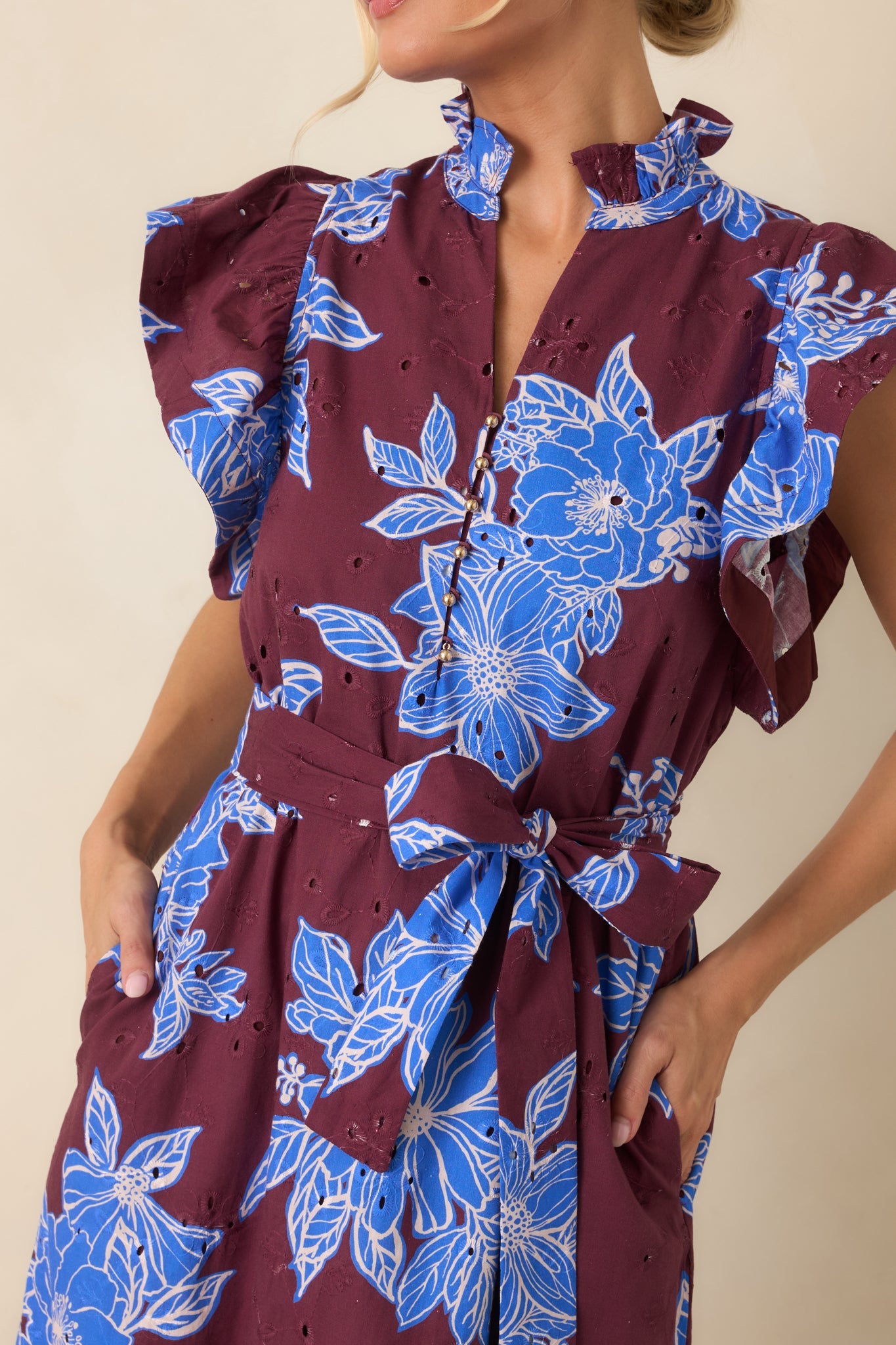 Fresh Air Affair Wine & Cobalt Floral Cotton Eyelet Midi Dress