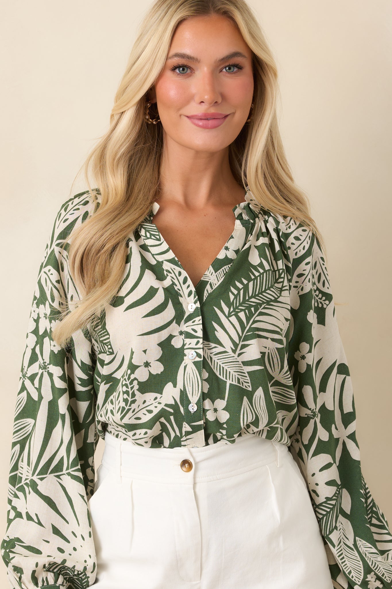 Jungle Luxe Green Tropical Print Button Front Top