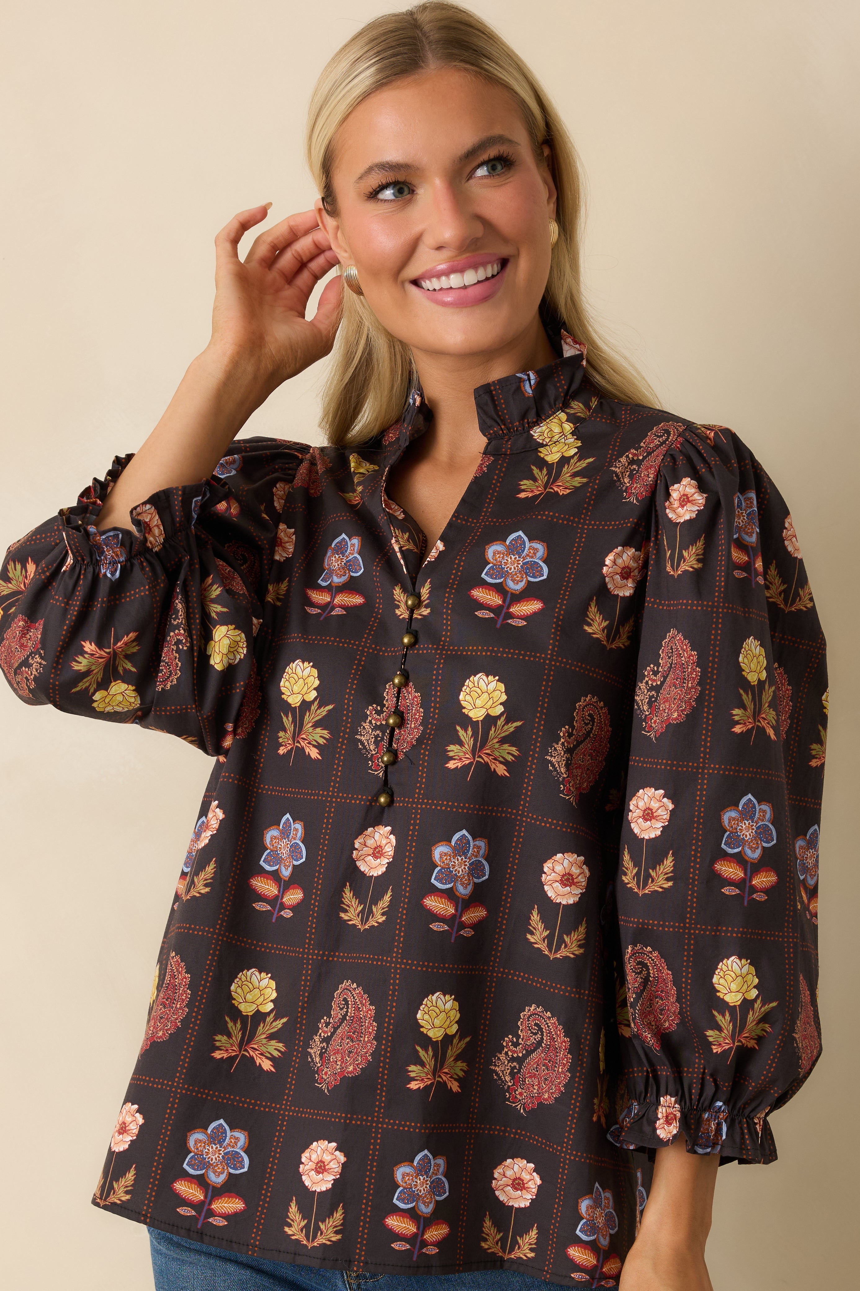 Everything's Blooming Black Multi Floral Cotton Puff Sleeve Blouse
