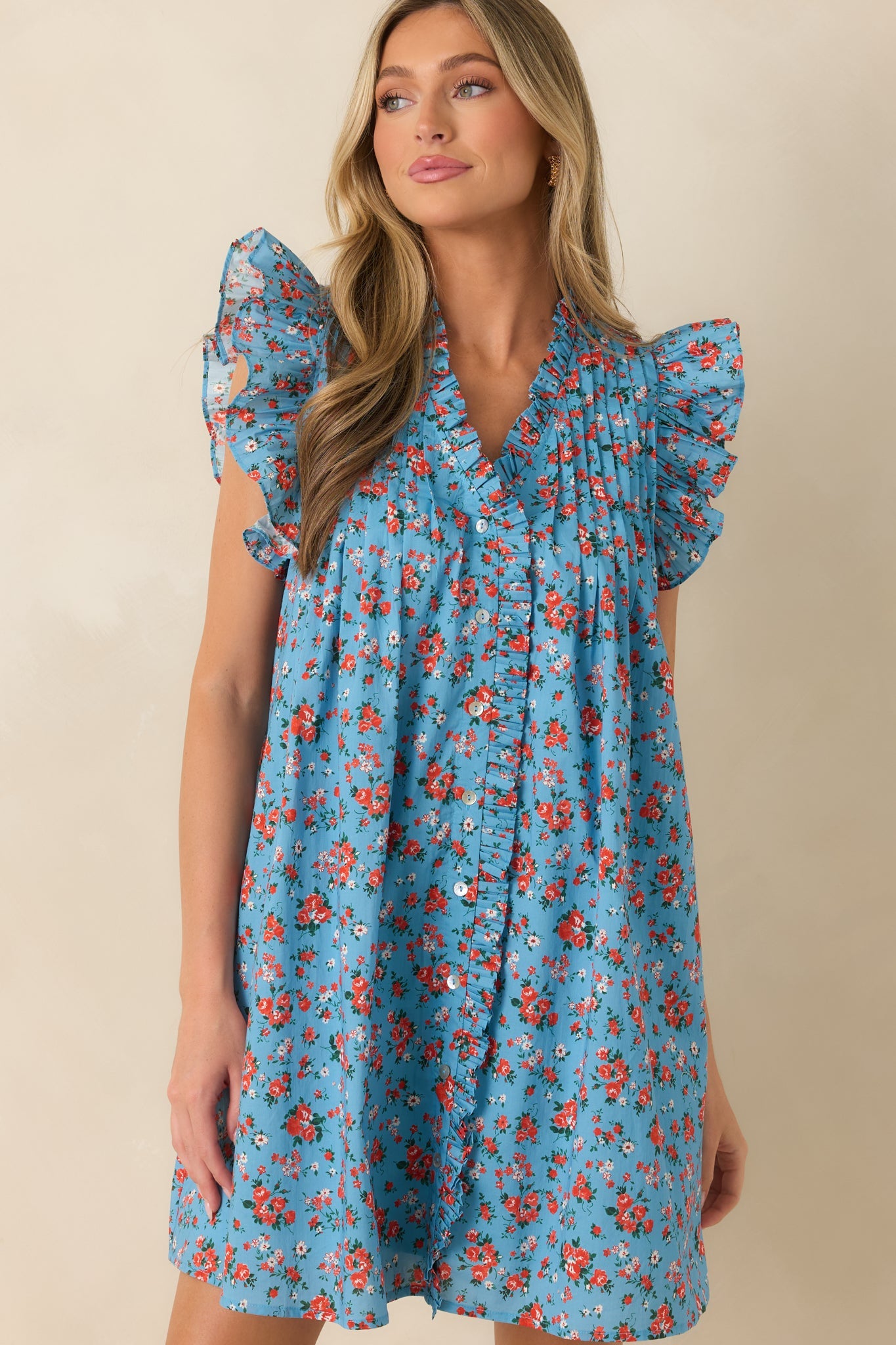 Picked For You Light Blue Floral Cotton Mini Dress