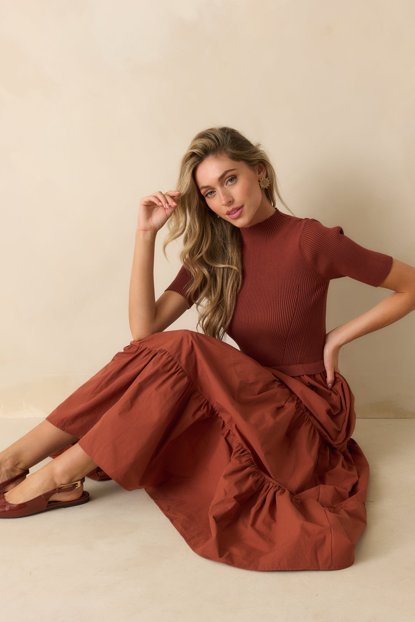 Keep Talking Rust Red Cotton Knit Bodice Short Sleeve Maxi Dress