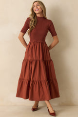 Keep Talking Rust Red Cotton Knit Bodice Short Sleeve Maxi Dress
