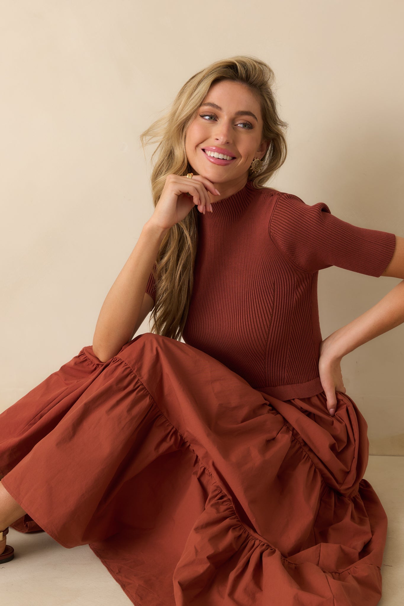 Keep Talking Rust Red Cotton Knit Bodice Short Sleeve Maxi Dress