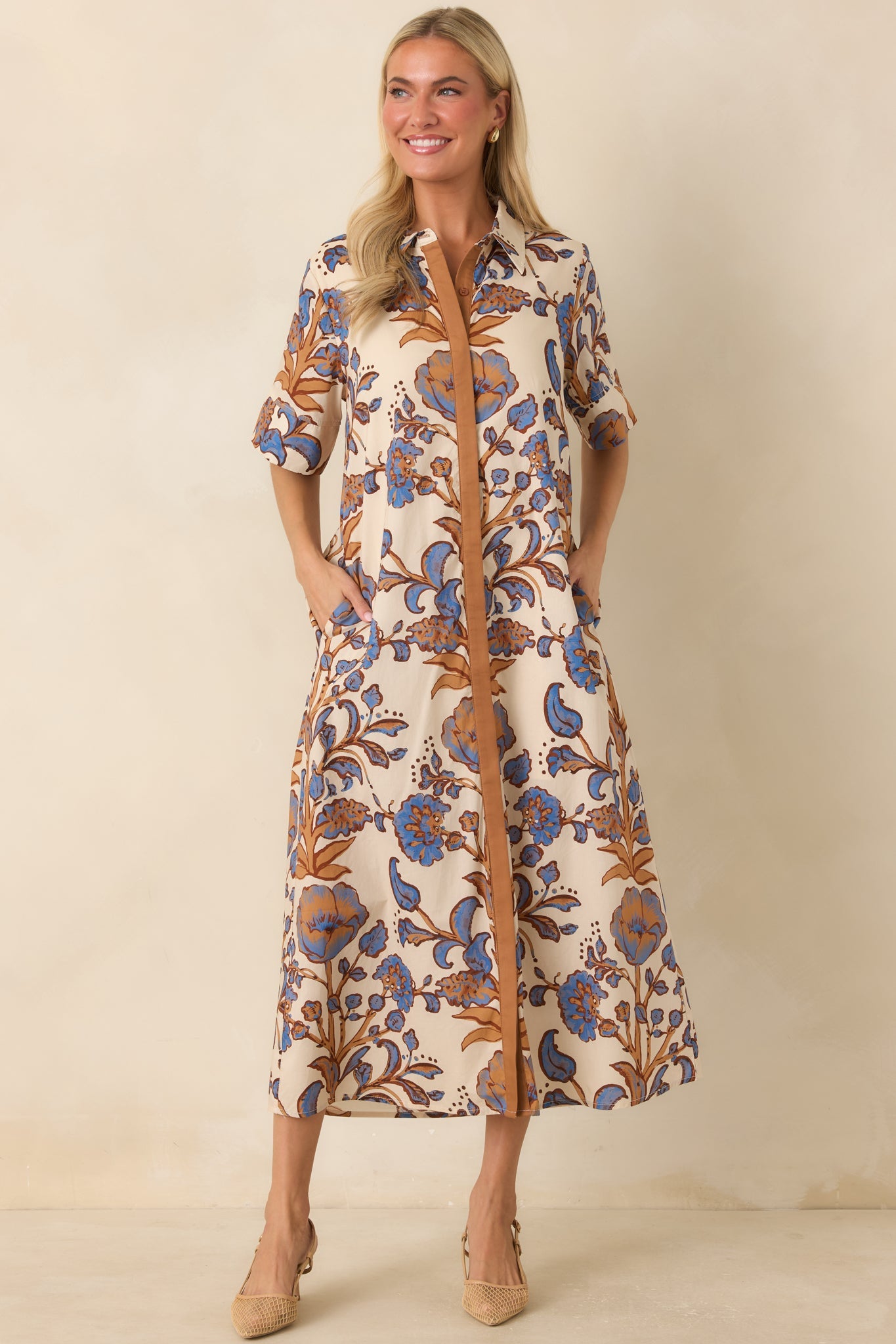Collected Along the Way Tan & Blue Floral Midi Shirt Dress