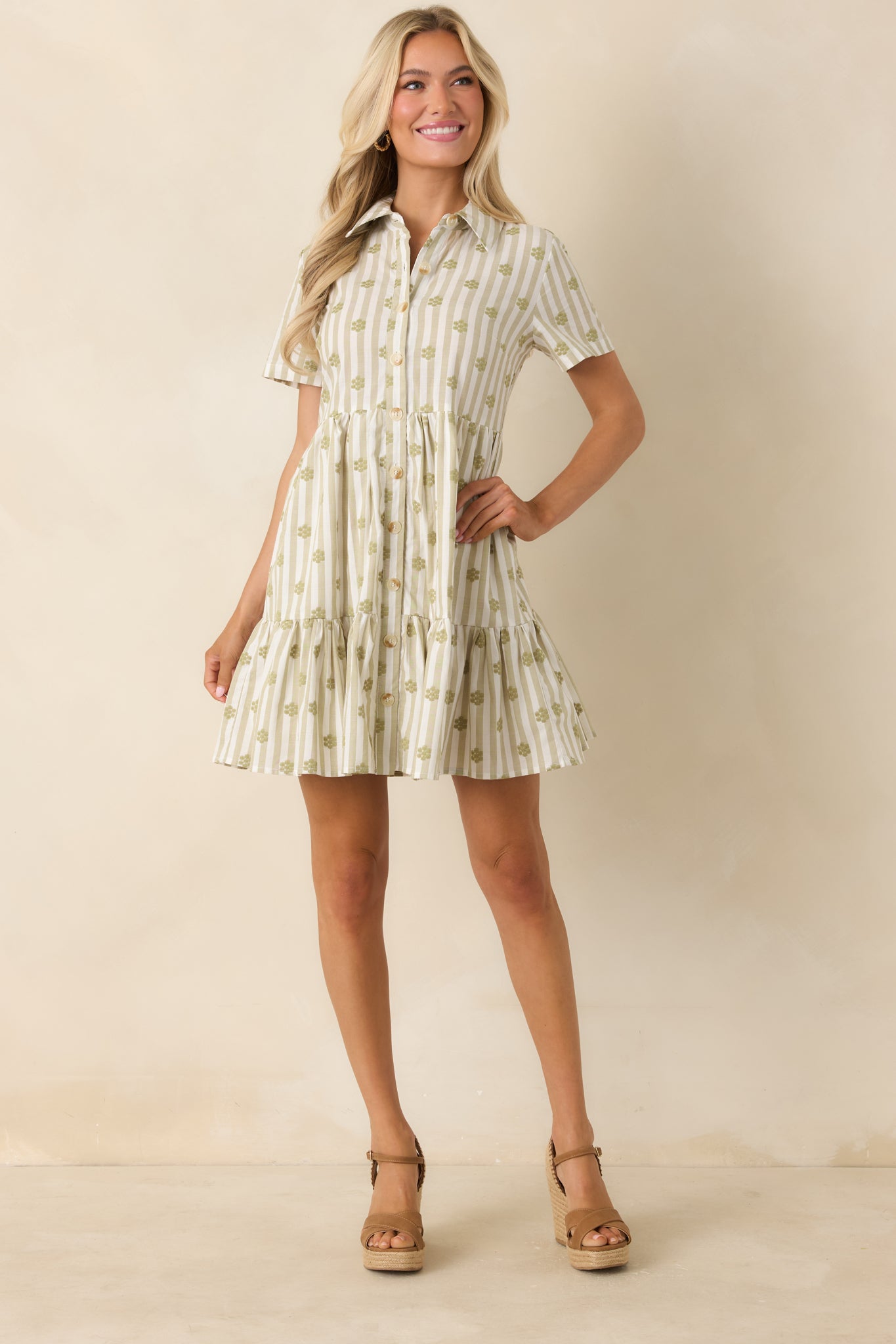 Market Days Sage Green Stripe Floral Embroidered Cotton Mini Dress