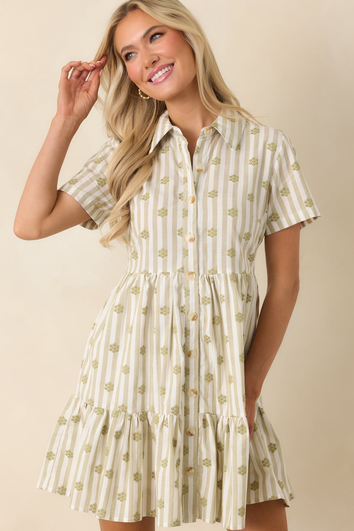 Market Days Sage Green Stripe Floral Embroidered Cotton Mini Dress