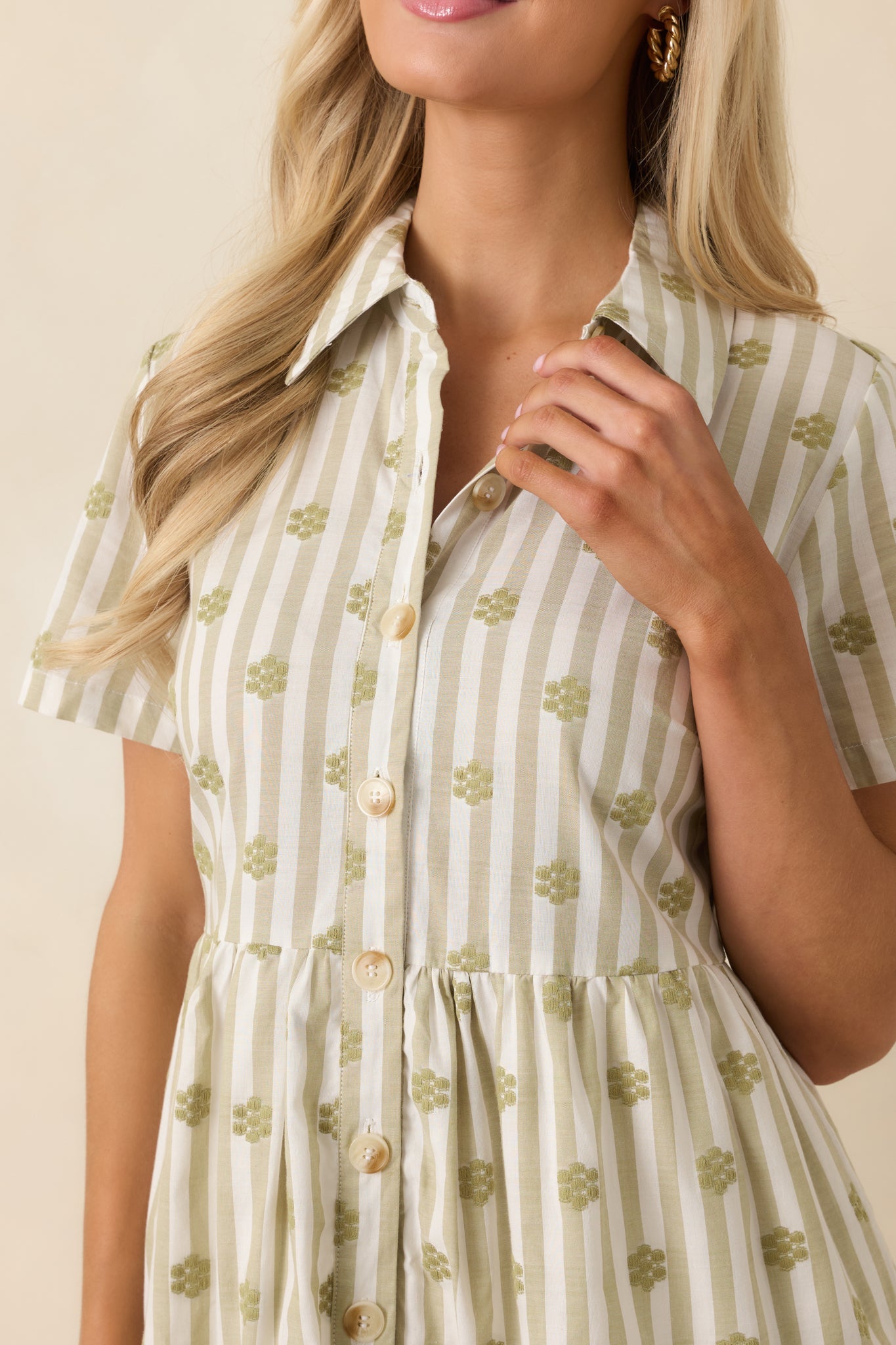 Market Days Sage Green Stripe Floral Embroidered Cotton Mini Dress
