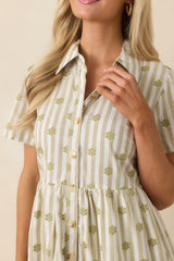 Market Days Sage Green Stripe Floral Embroidered Cotton Mini Dress