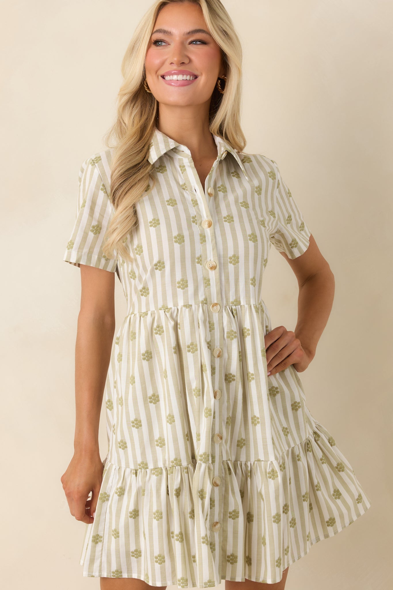 Market Days Sage Green Stripe Floral Embroidered Cotton Mini Dress
