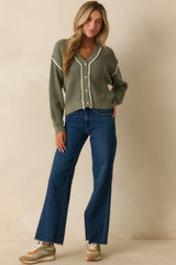 On The Mark Sage Green Contrast Trim Knit Button Up Cardigan