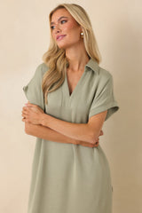 Made The Right Call Sage Green Collared Midi T-Shirt Dress