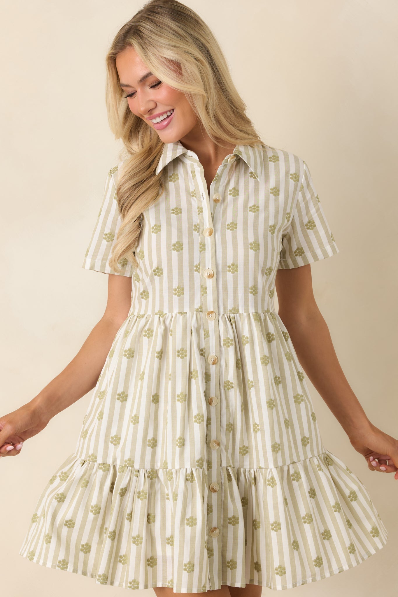 Market Days Sage Green Stripe Floral Embroidered Cotton Mini Dress