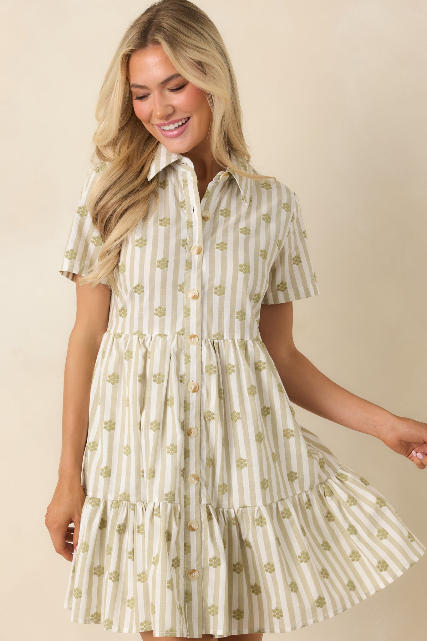 Market Days Sage Green Stripe Floral Embroidered Cotton Mini Dress