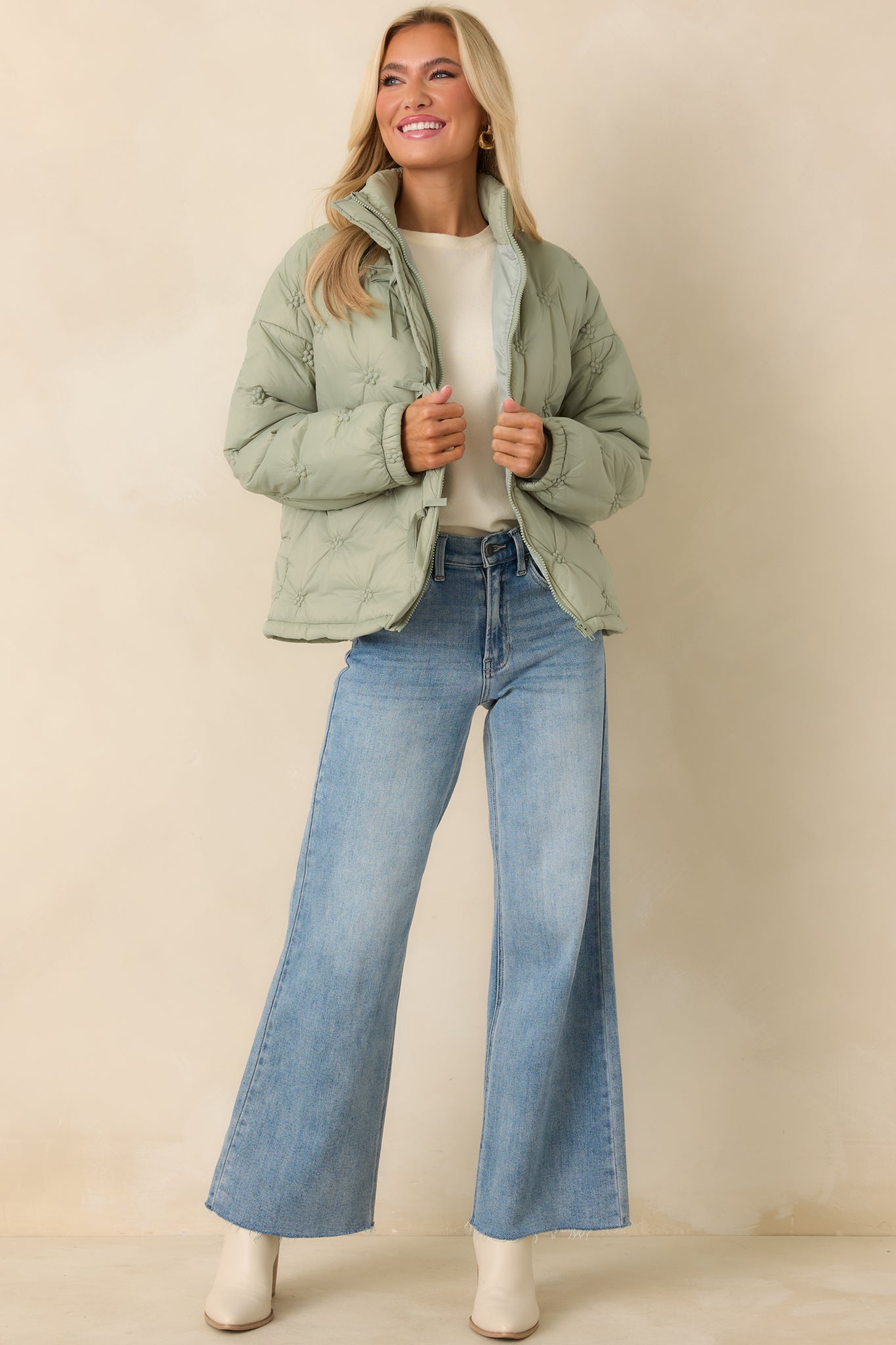 Wrapped Up In You Sage Green Quilted Puffer Jacket