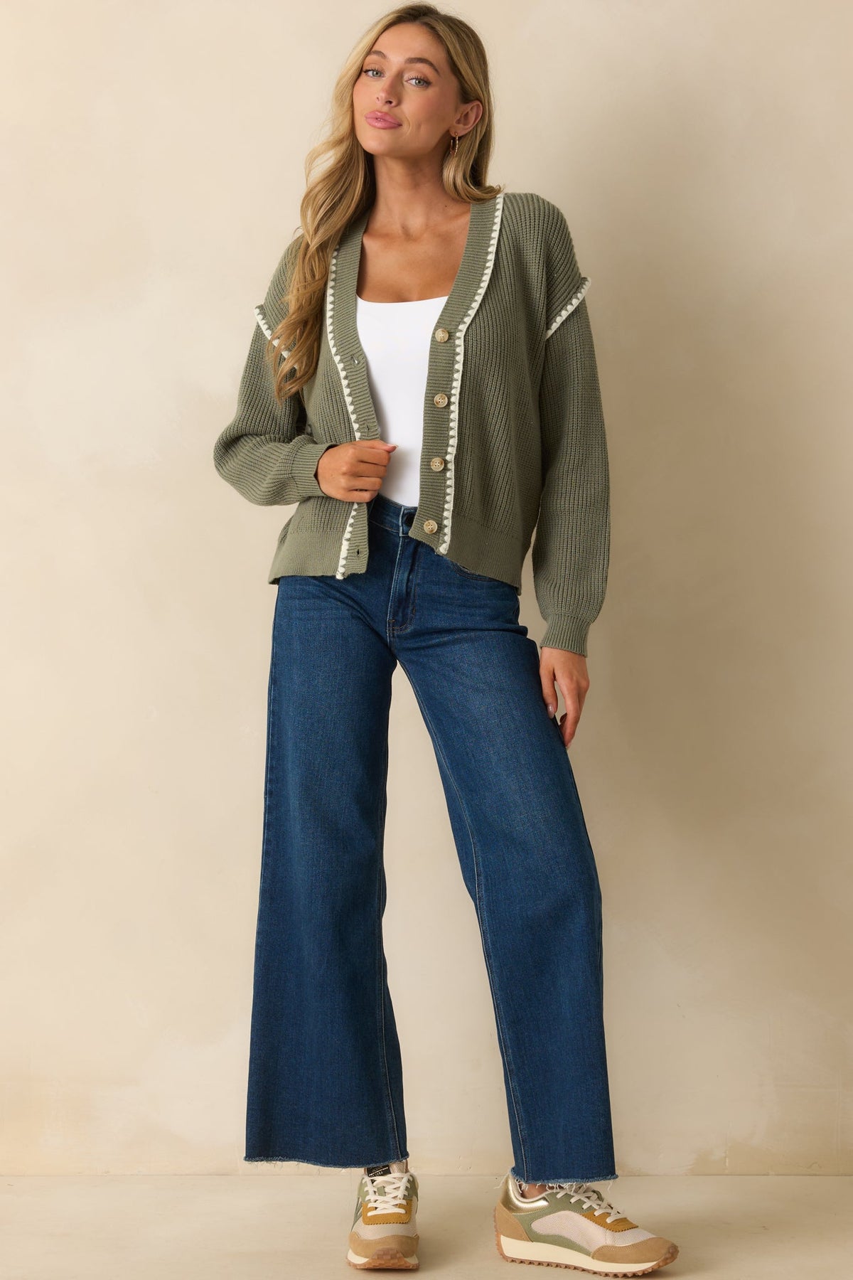 On The Mark Sage Green Contrast Trim Knit Button Up Cardigan