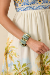 Gonna Let it Shine Sage Green & Gold Sculptural Oblong Bead Stretch Statement Bracelet