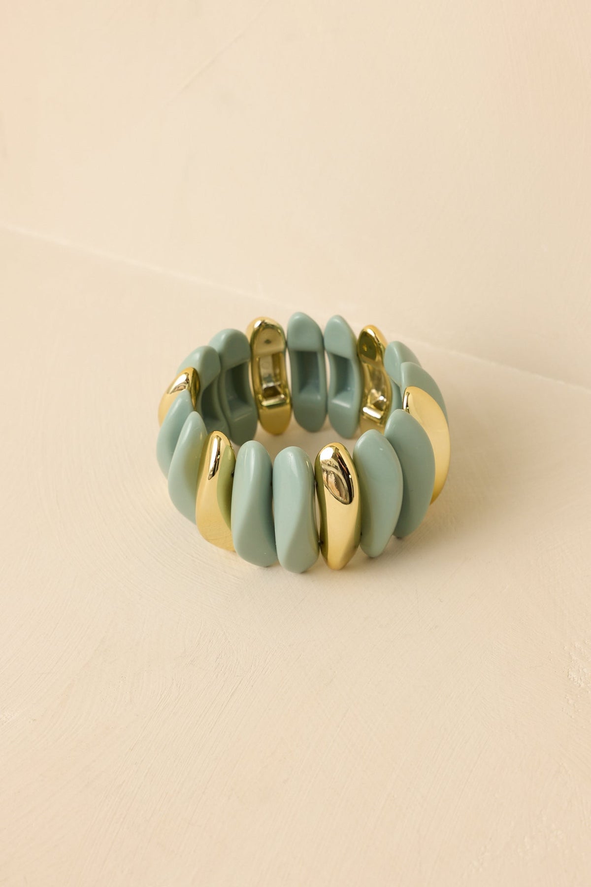 Gonna Let it Shine Sage Green & Gold Sculptural Oblong Bead Stretch Statement Bracelet