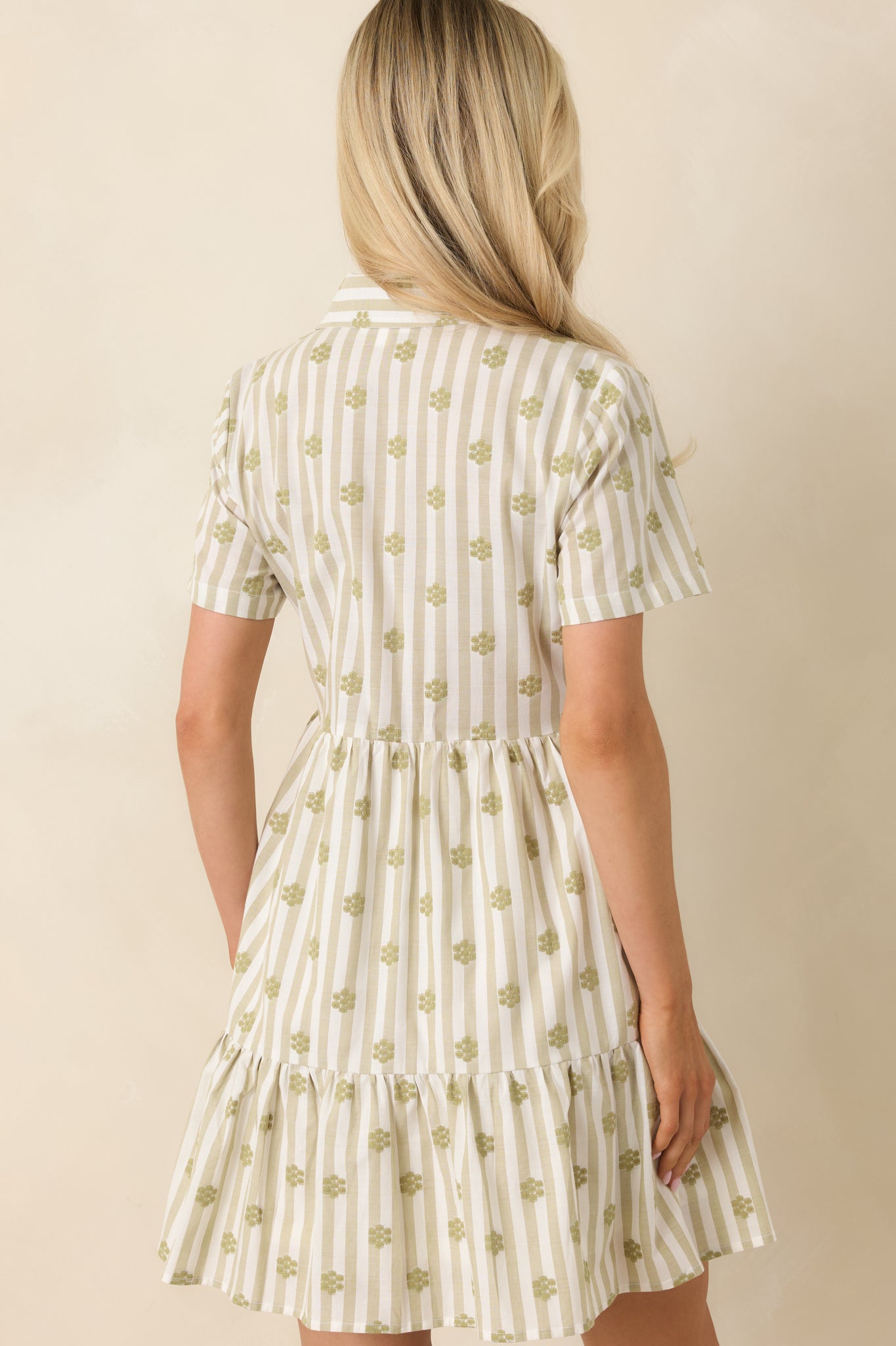 Market Days Sage Green Stripe Floral Embroidered Cotton Mini Dress