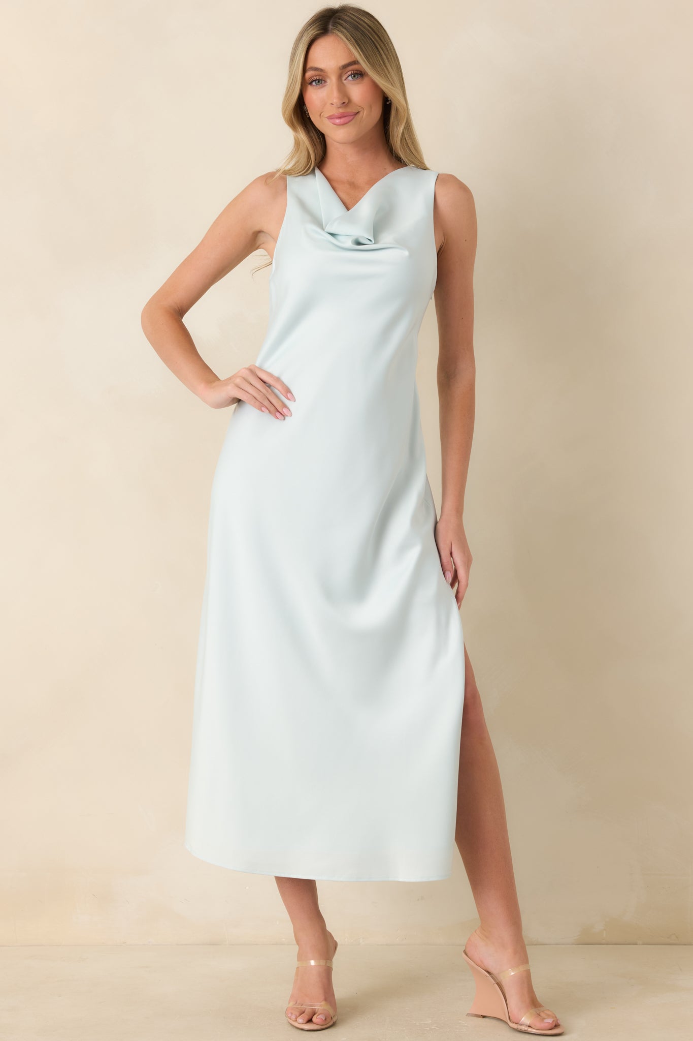 The Moment Is Ours Sky Blue Satin Finish Midi Dress