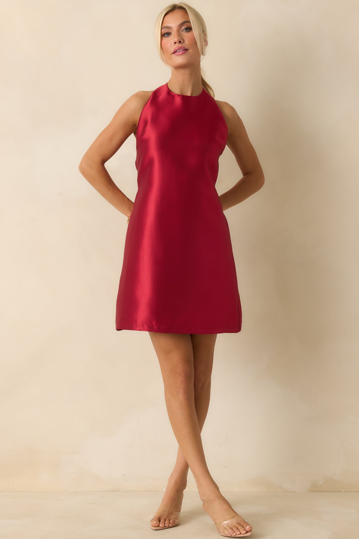 The Bold Type Red Satin Buckle Strap Halter Mini Dress