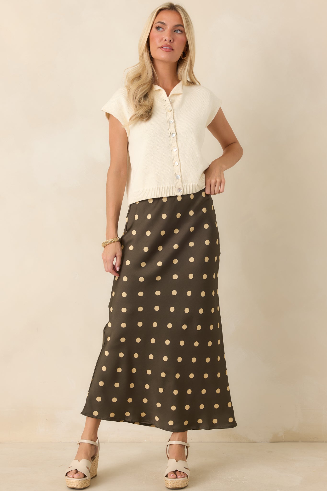 Connect the Dots Moss Green Polka Dot Satin Maxi Skirt