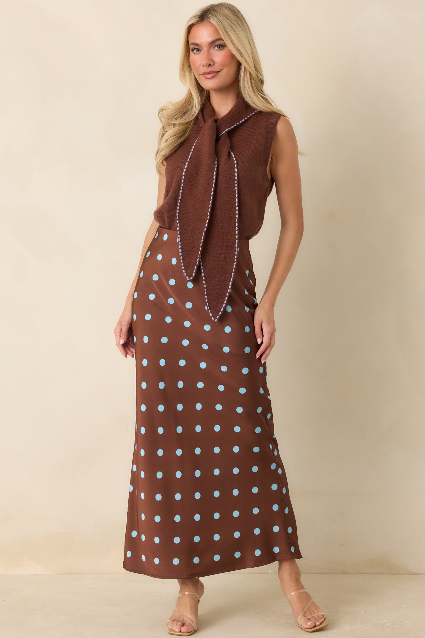Connect the Dots Chocolate Brown Polka Dot Satin Maxi Skirt