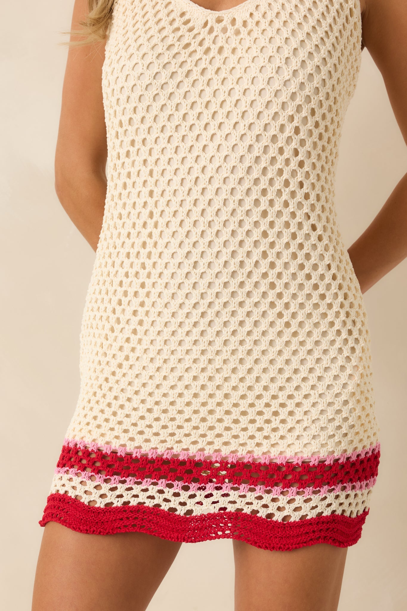 MINKPINK Elva Ivory & Red Stripe Crochet Halter Mini Dress