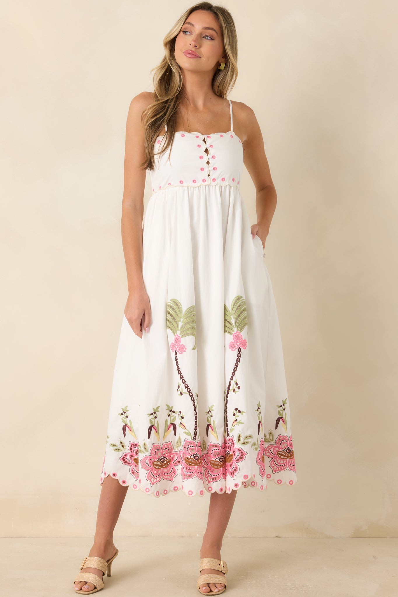 Pink Paradise White Multi Floral Embroidered Cotton Midi Dress