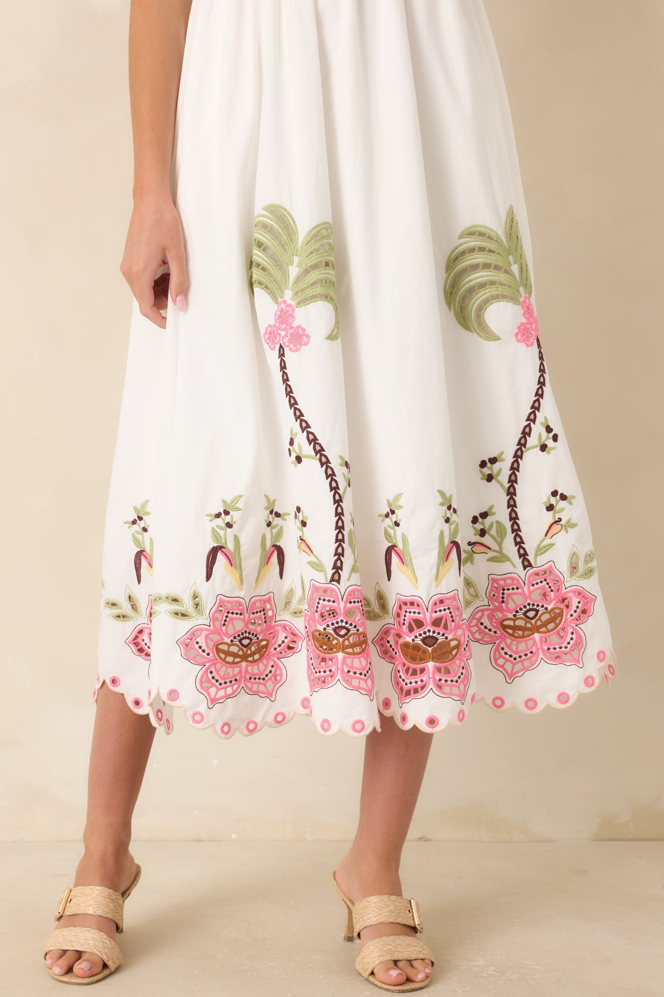 Pink Paradise White Multi Floral Embroidered Cotton Midi Dress