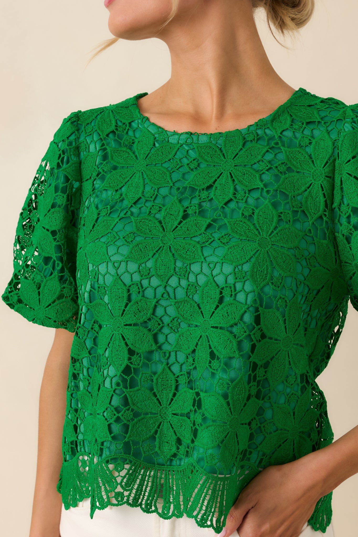 All the Attention Green Floral Lace Short Sleeve Top