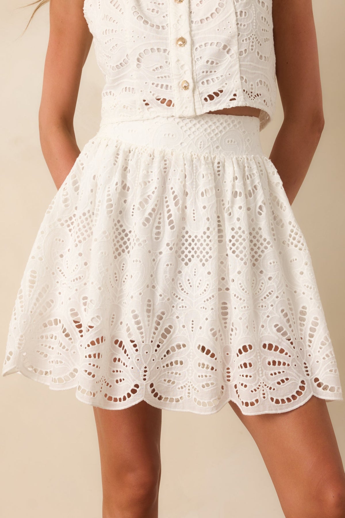 Paradisa Iona White Palm Lace Cotton Mini Skirt