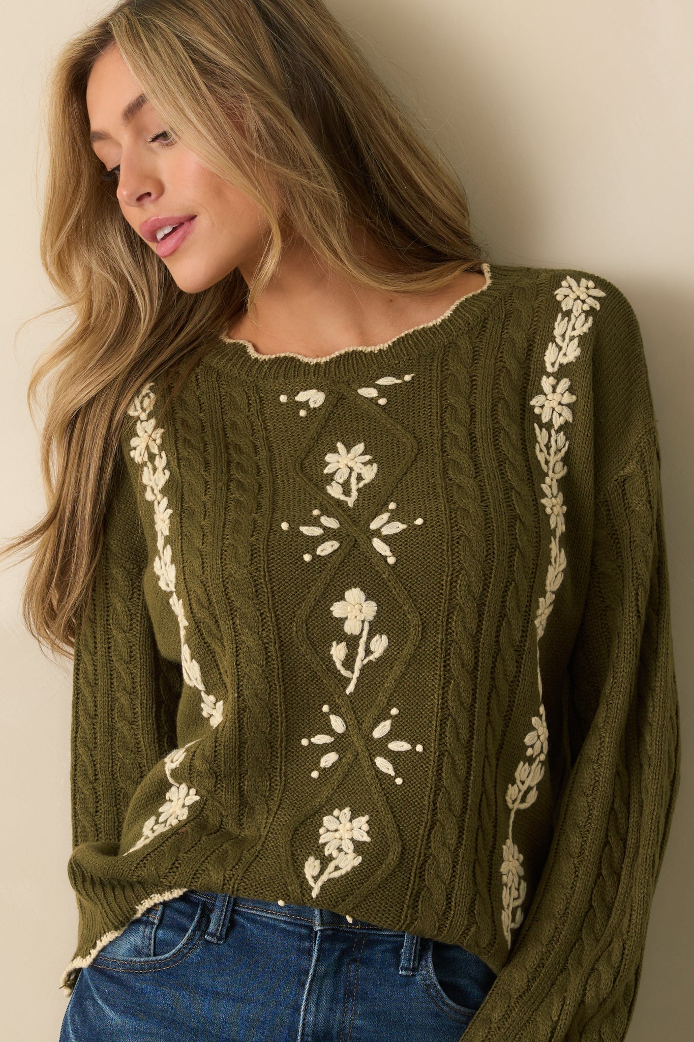 Guess Again Olive Cable Knit Floral Embroidered Scallop Hem Sweater
