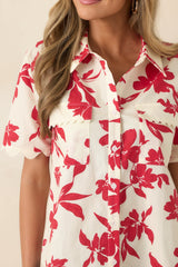 Feeling Fabulous Ivory & Red Floral Cotton Button Front Top