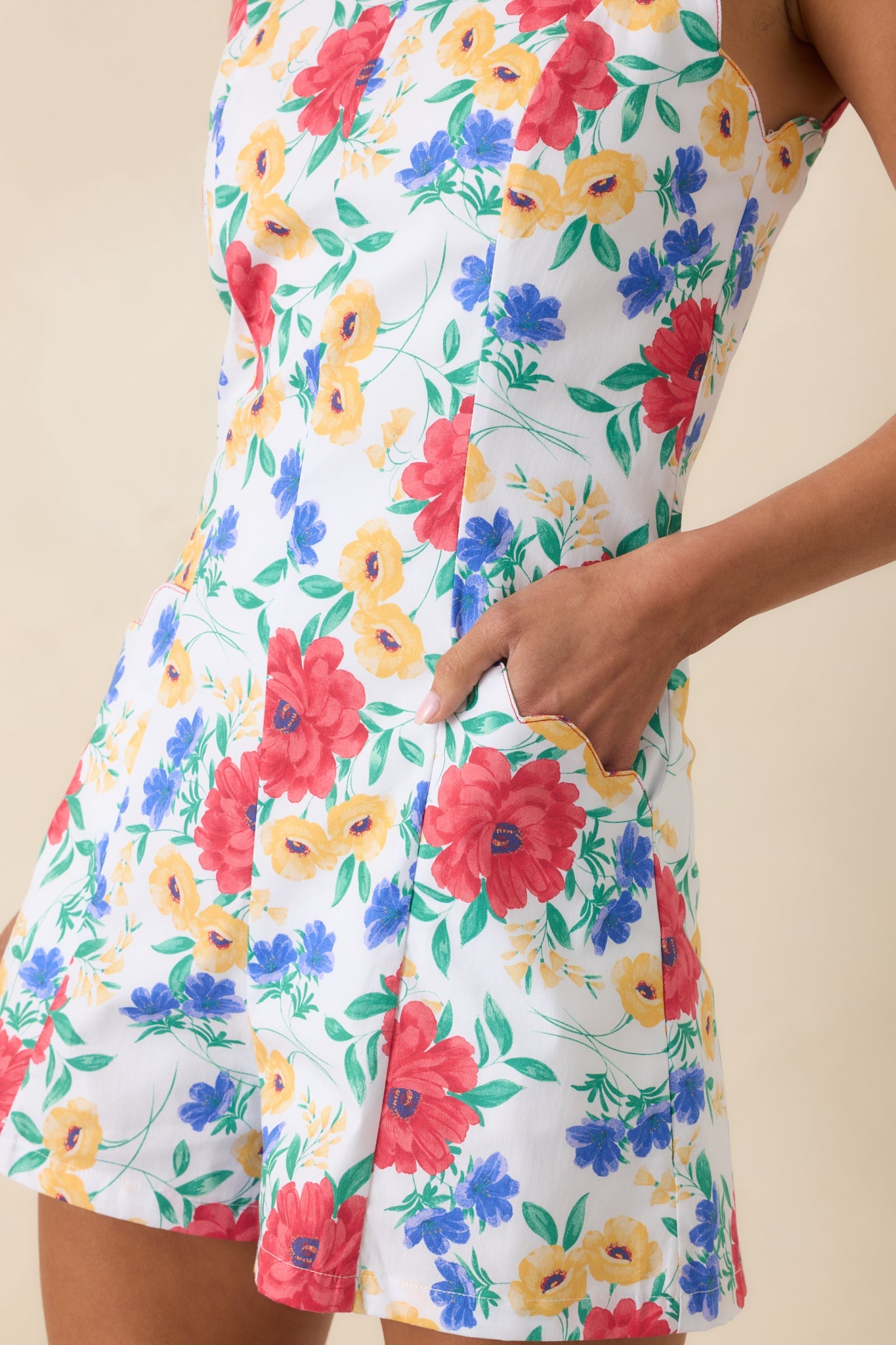 Just Too Cute Ivory Multi Floral Cotton Scallop Halter Romper