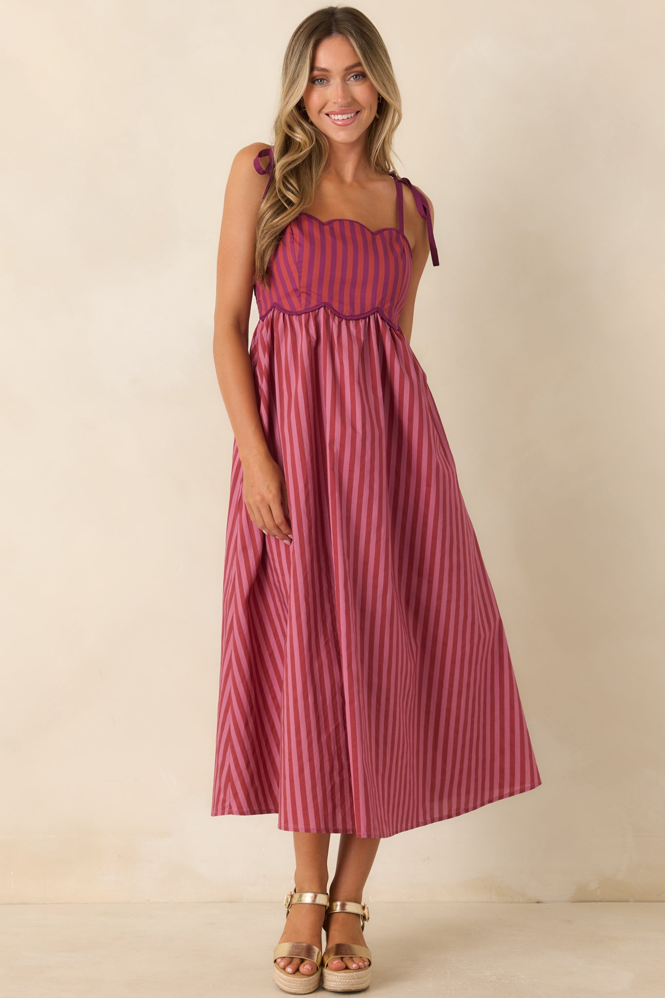 Wrong Place, Right Time Plum & Burgundy Stripe Cotton Midi Dress