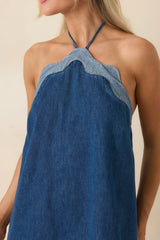 Off the Edge Light Indigo Cotton Denim Halter Mini Dress