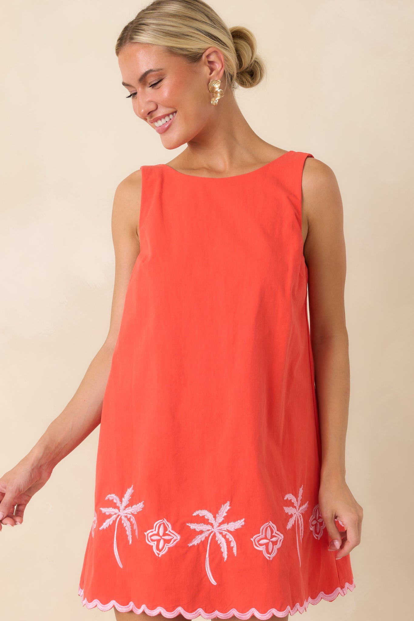 MINKPINK Amaya Coral Red & Pink Cotton Embroidered Mini Dress