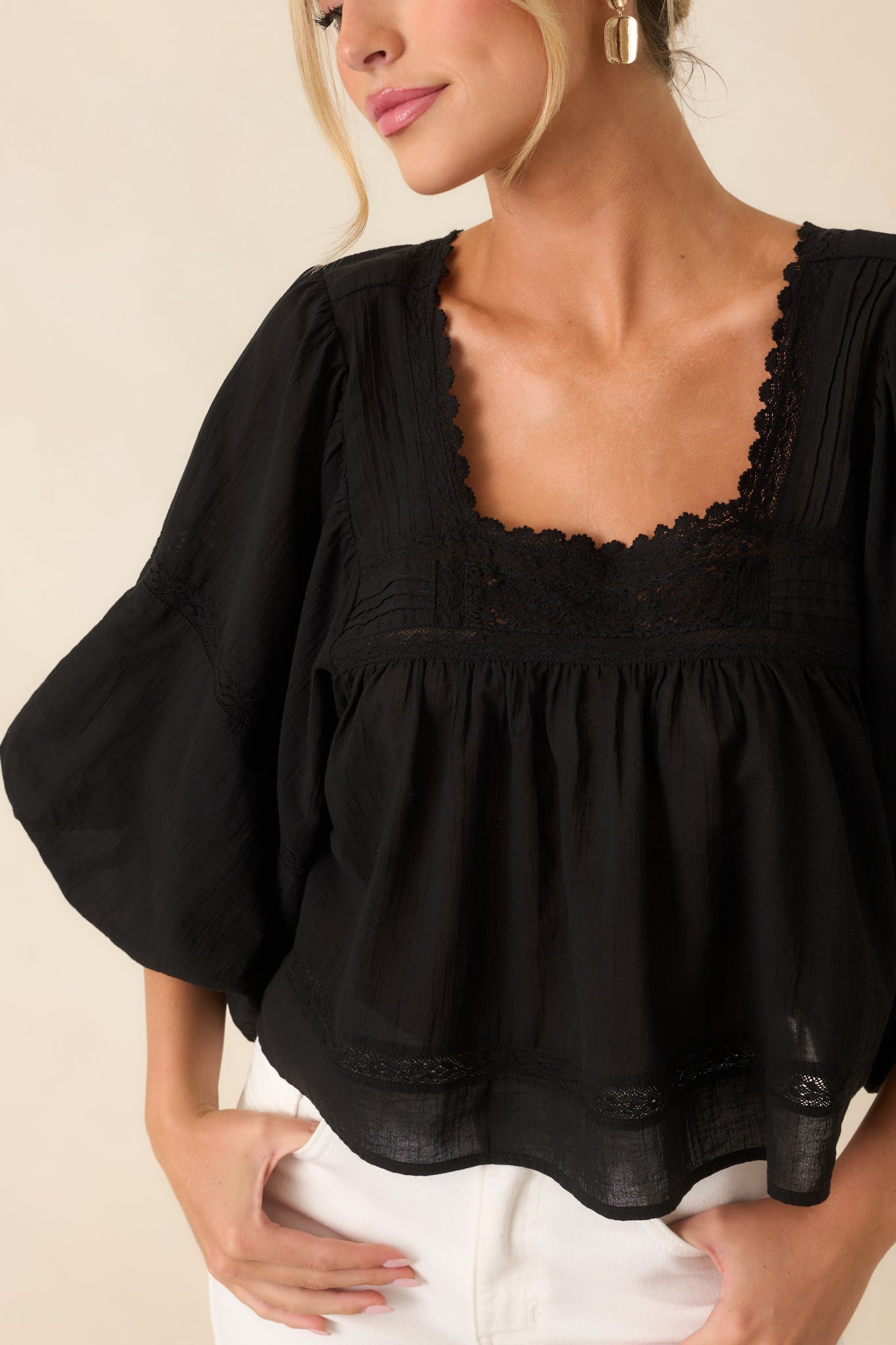 FRNCH Fluvia Black Cotton Puff Sleeve Blouse