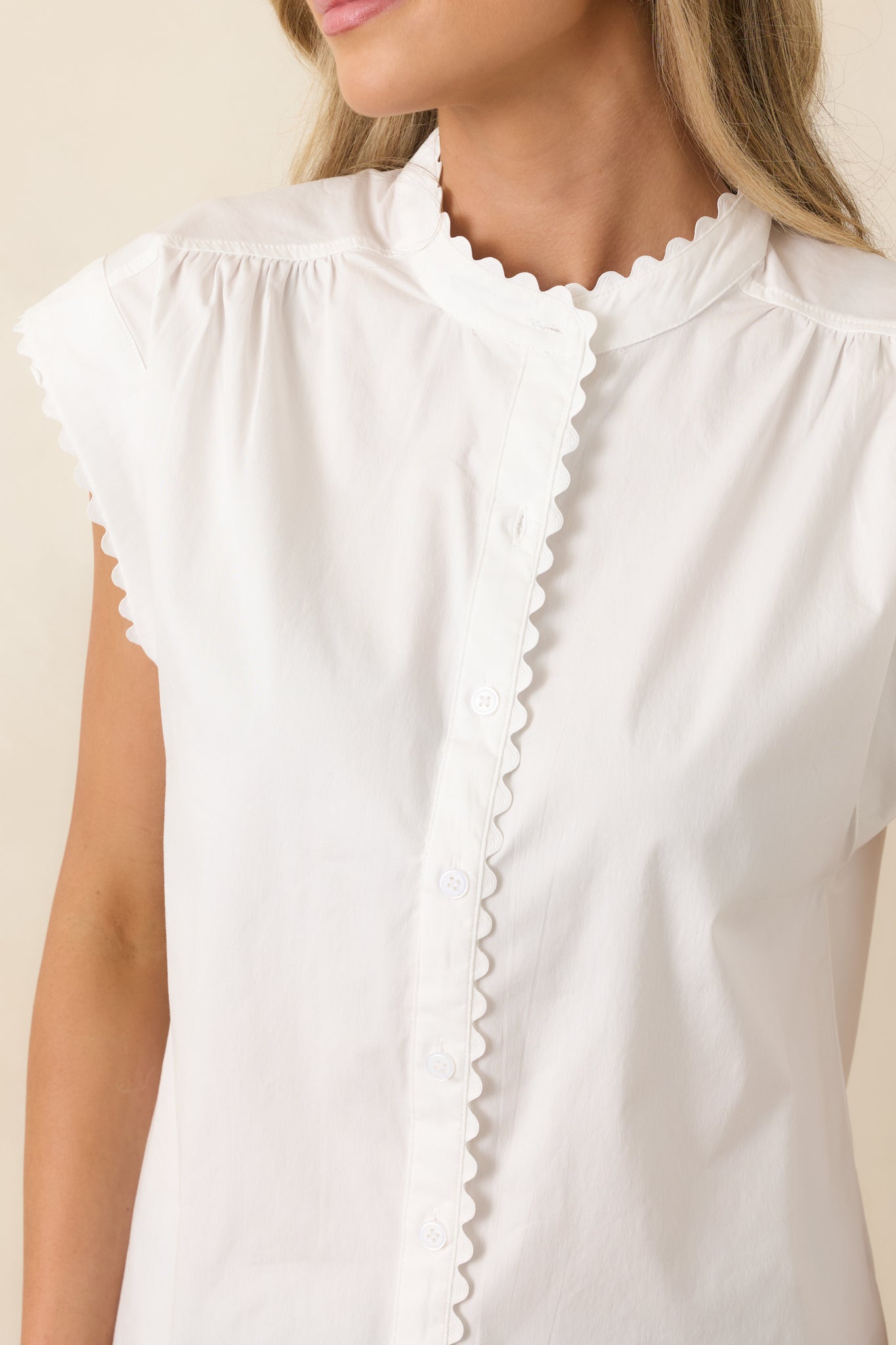 Oh, So Charming White Scalloped Trim Button Front Top
